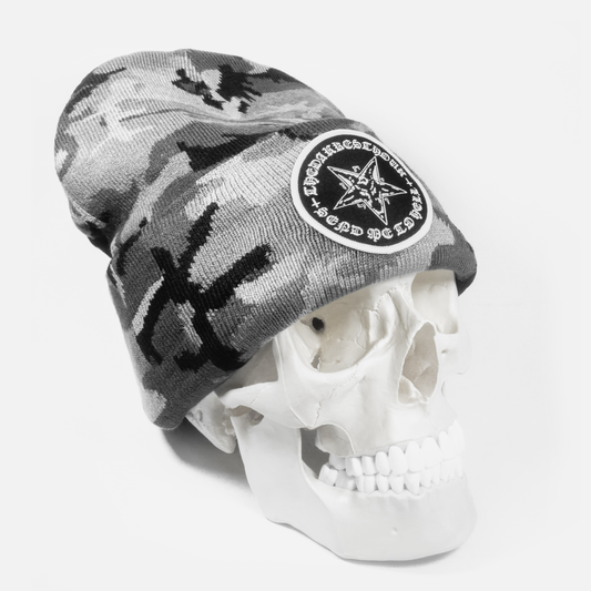 "SEND ME TO HELL" PATCH BEANIE (GREY CAMO)